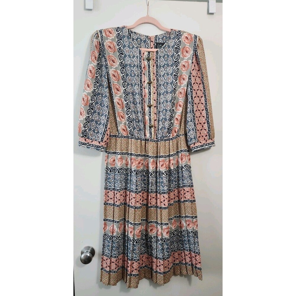 VTG Breli Originals Womens Sz 14 Dress Pleated Accordion Skirt Floral Ikat USA